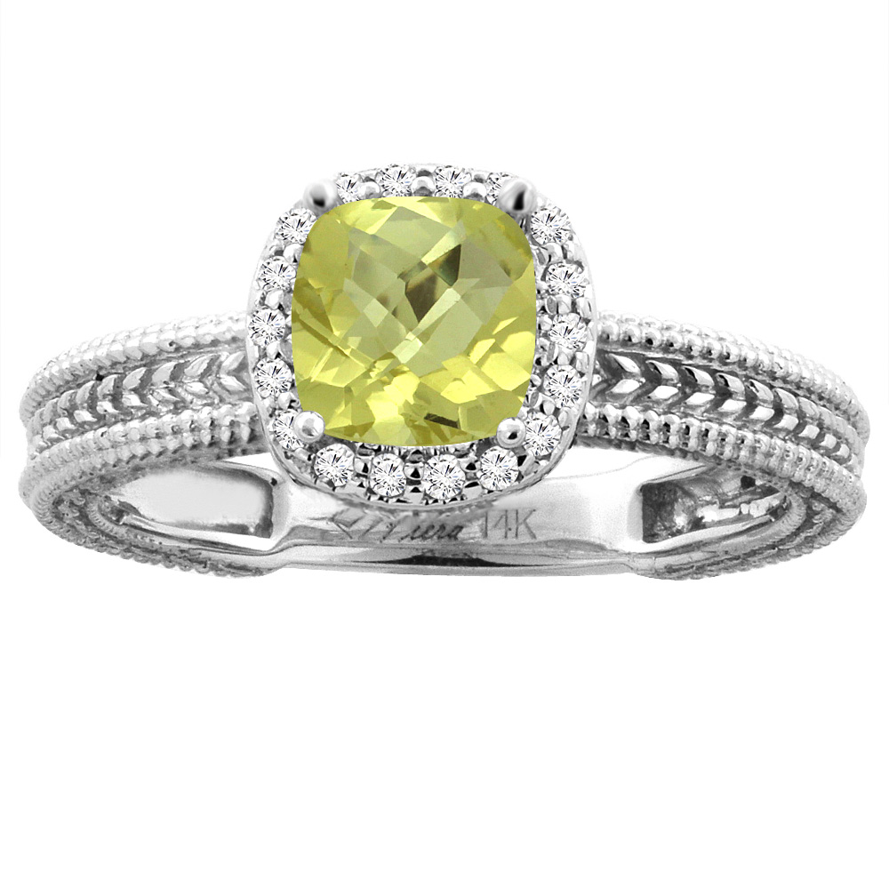 14K White Gold Diamond Natural Lemon Quartz Engagement Ring Cushion 7x7 mm, sizes 5-10