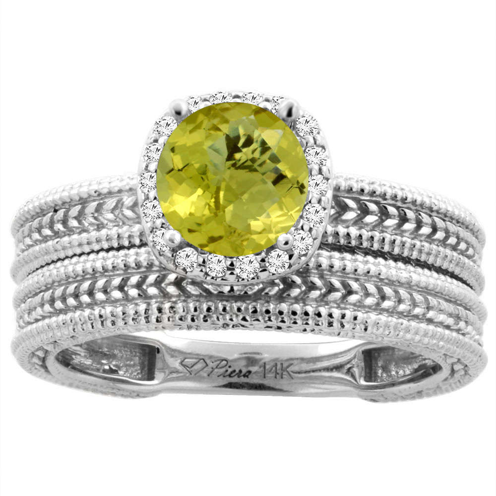 14K Yellow Gold Diamond Natural Lemon Quartz 2-pc Engagement Ring Set Cushion 7x7 mm, sizes 5-10