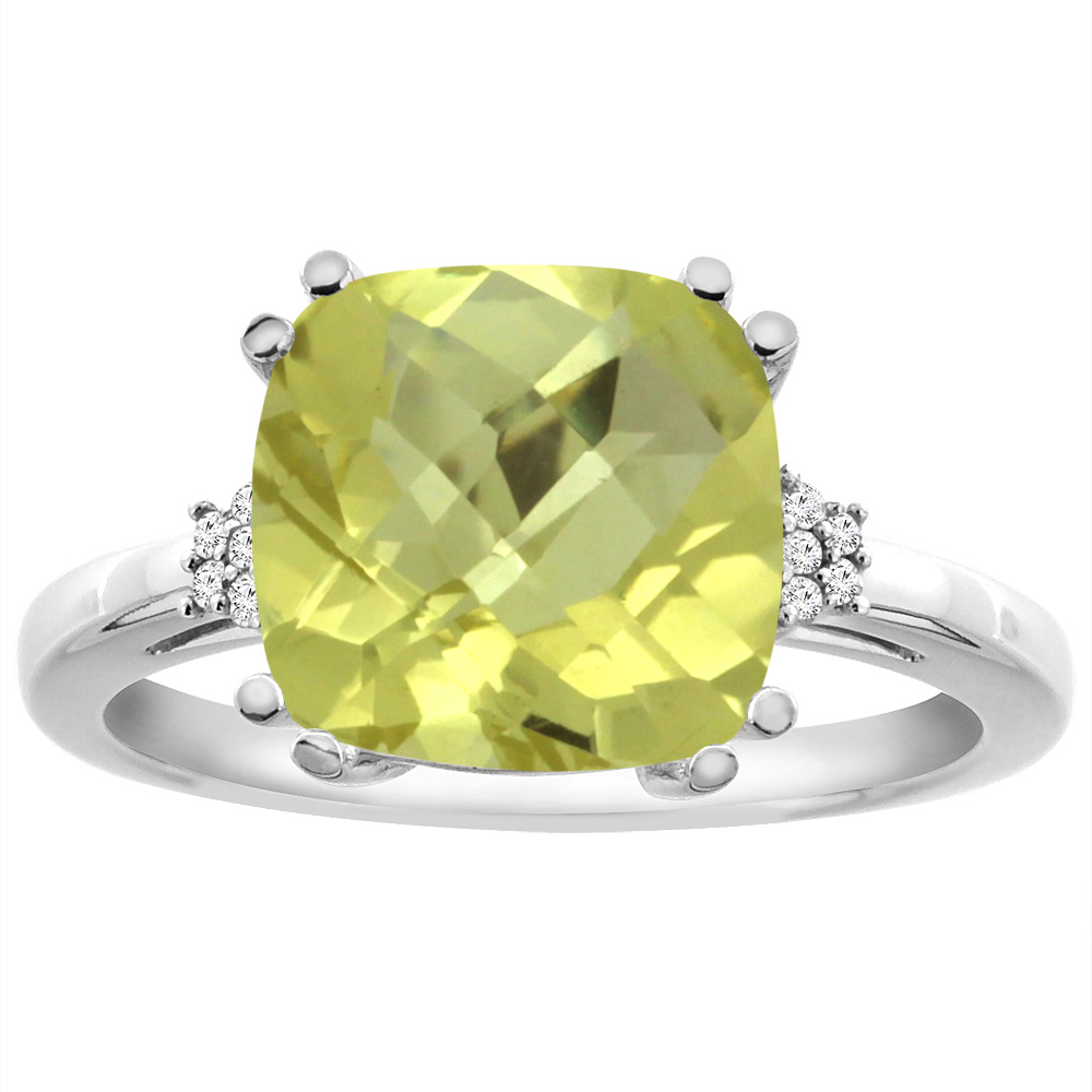 14K Yellow Gold Diamond Natural Lemon Quartz Engagement Ring Cushion-cut 10x10 mm, sizes 5-10