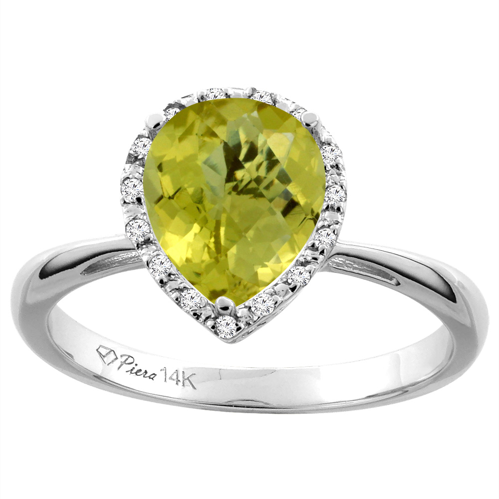 14K Yellow Gold Natural Lemon Quartz & Diamond Halo Engagement Ring Pear Shape 9x7 mm, sizes 5-10