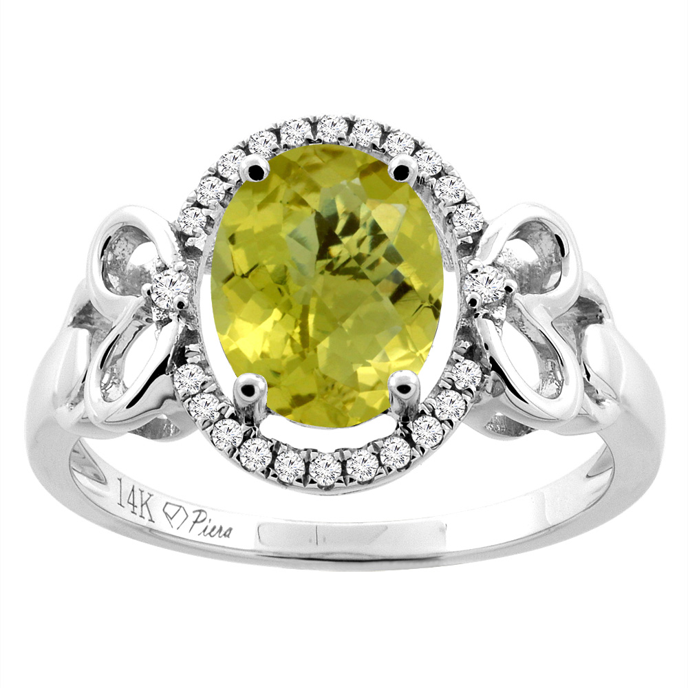 14K Gold Natural Lemon Quartz Halo Ring Oval 9x7 mm Diamond &amp; Heart Accents, sizes 5 - 10