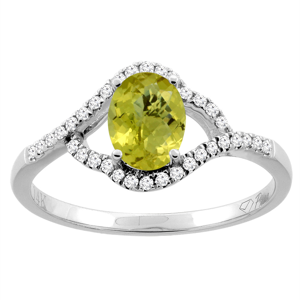 14K Gold Diamond Natural Lemon Quartz Engagement Ring Oval 7x5 mm, sizes 5 - 10
