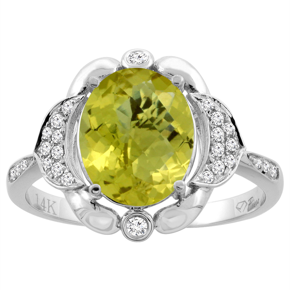 14K White Gold Diamond Natural Lemon Quartz Engagement Ring Oval 10x8mm, sizes 5-10