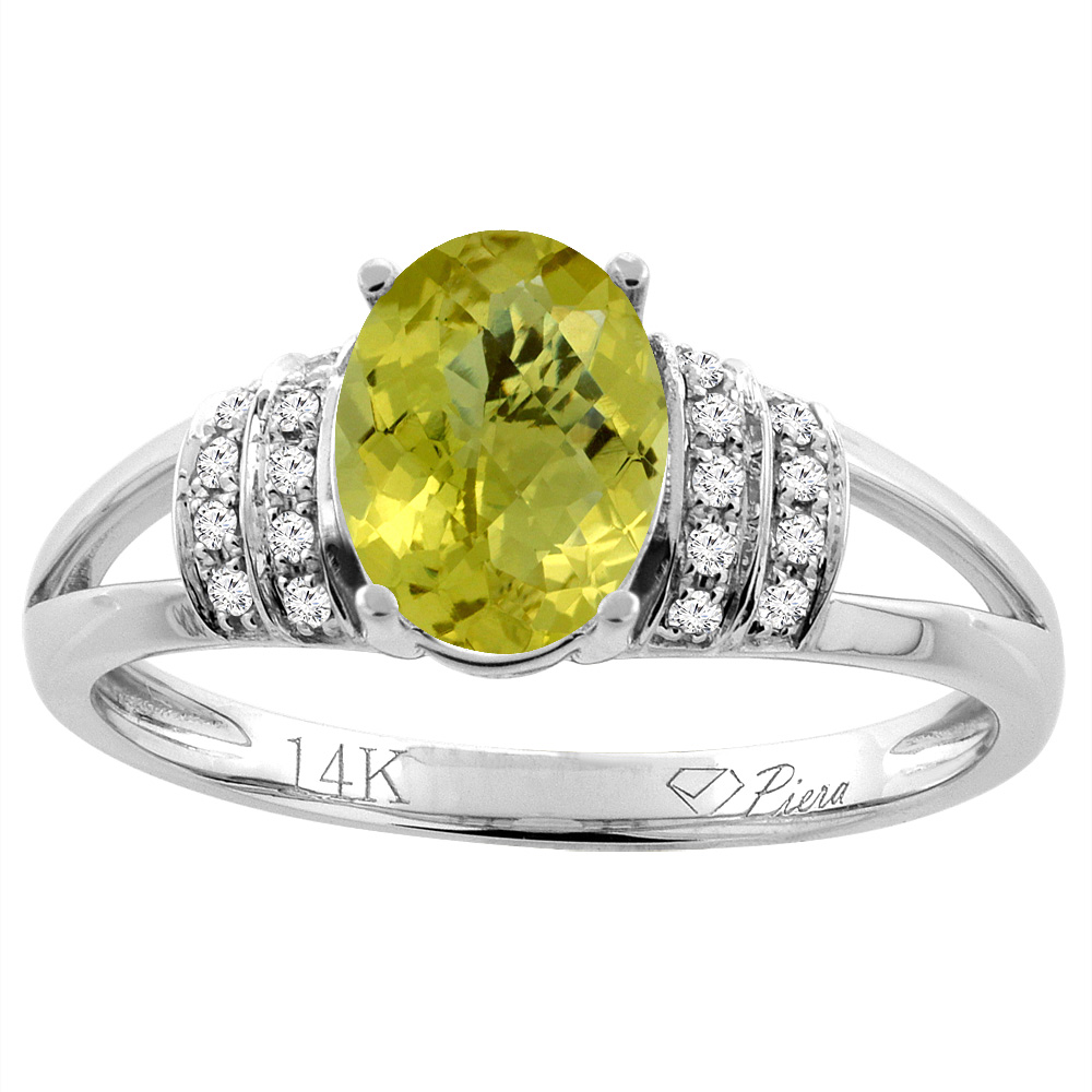 14K Gold Natural Lemon Quartz Ring Oval 8x6 mm Diamond Accents, sizes 5 - 10