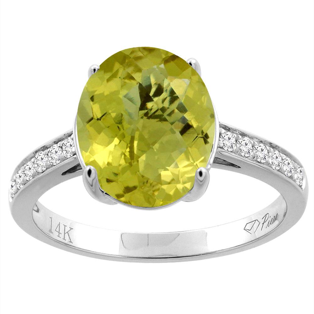 14K Gold Natural Lemon Quartz Ring Oval 11x9 mm Diamond Accents, sizes 5 - 10