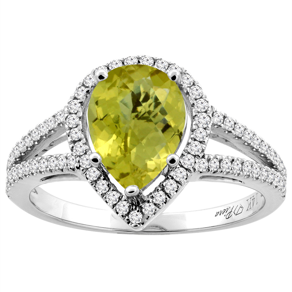 14K Gold Natural Lemon Quartz Ring Pear Shape 9x7 mm Diamond Accents, sizes 5 - 10