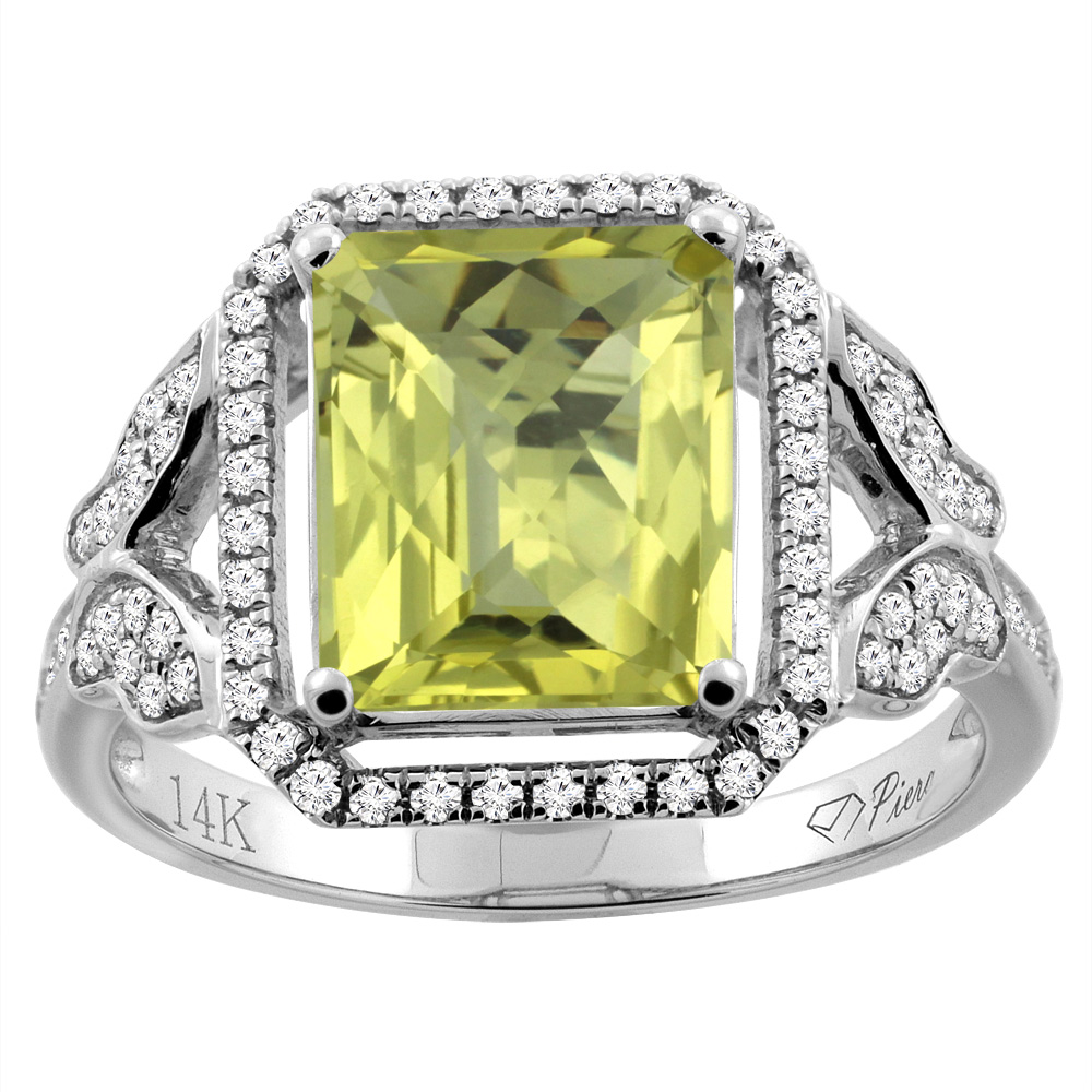 14K Gold Natural Lemon Quartz Ring Octagon Shape 10x8 mm Diamond Accents, sizes 5 - 10