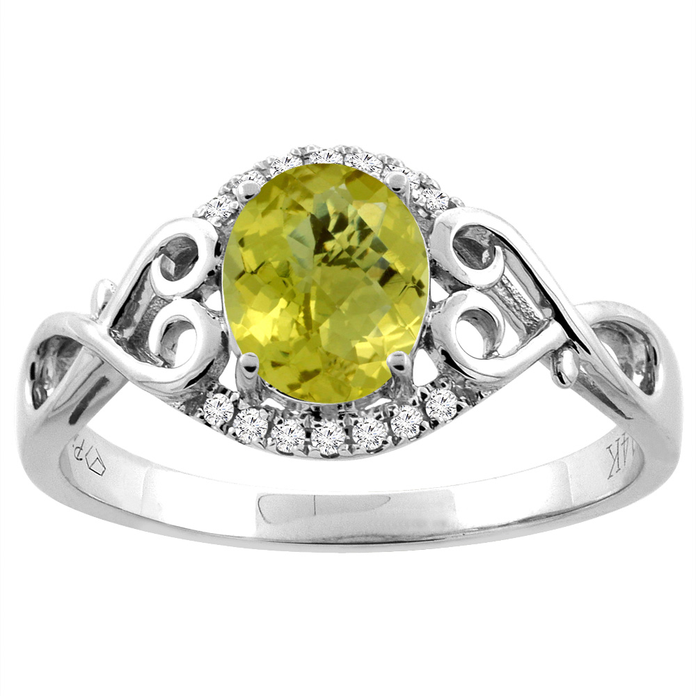 14K Gold Natural Lemon Quartz Ring Oval 8x6 mm Diamond &amp; Heart Accents, sizes 5 - 10