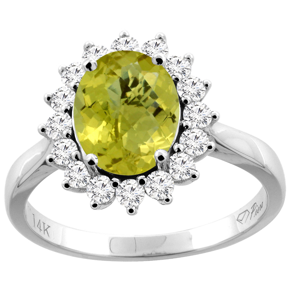14K Gold Natural Lemon Quartz Ring Oval 9x7 mm Diamond Accents, sizes 5 - 10