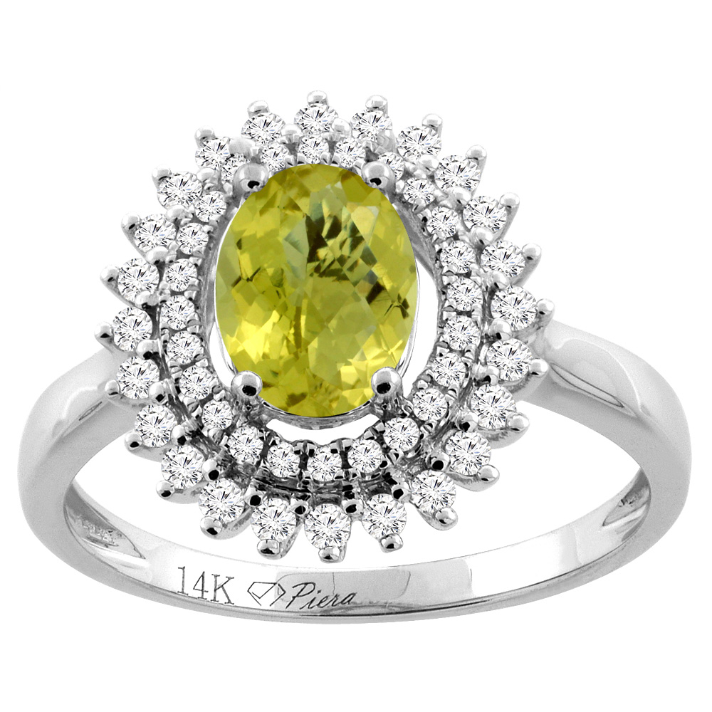 14K Gold Natural Lemon Quartz Ring Oval 8x6 mm Double Halo Diamond Accents, sizes 5 - 10