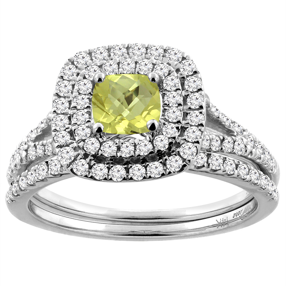 14K White Gold Diamond Halo Natural Lemon Quartz 2pc Engagement Ring Set Cushion 6x6 mm, sizes 5-10