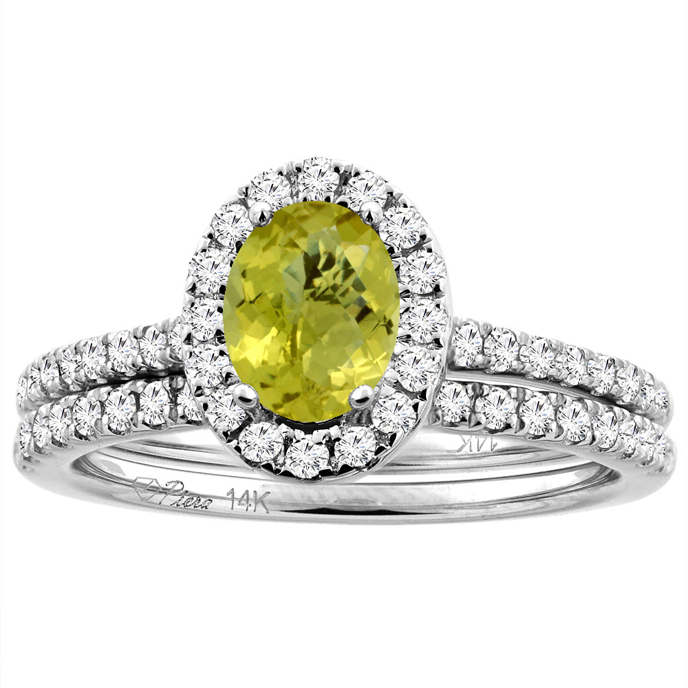 14K White/Yellow Gold Diamond Halo Natural Lemon Quartz 2pc Engagement Ring Set Oval 7x5 mm, sizes 5-10