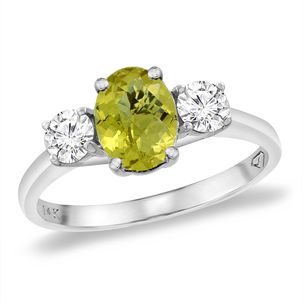 14K White Gold Natural Lemon Quartz & 2pc. Diamond Engagement Ring Oval 8x6 mm, sizes 5 -10