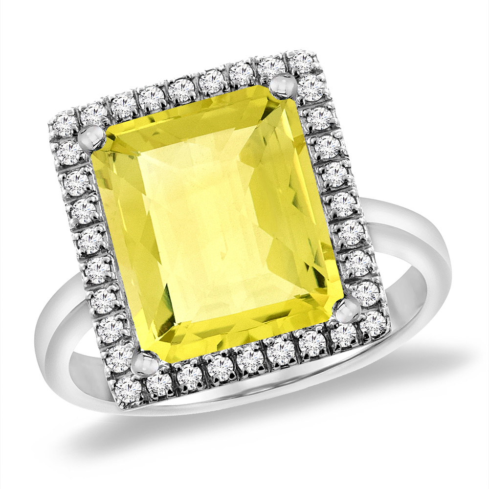 14K White Gold Natural Lemon Quartz Ring Diamond Accent 12x10 mm Octagon, sizes 5 -10