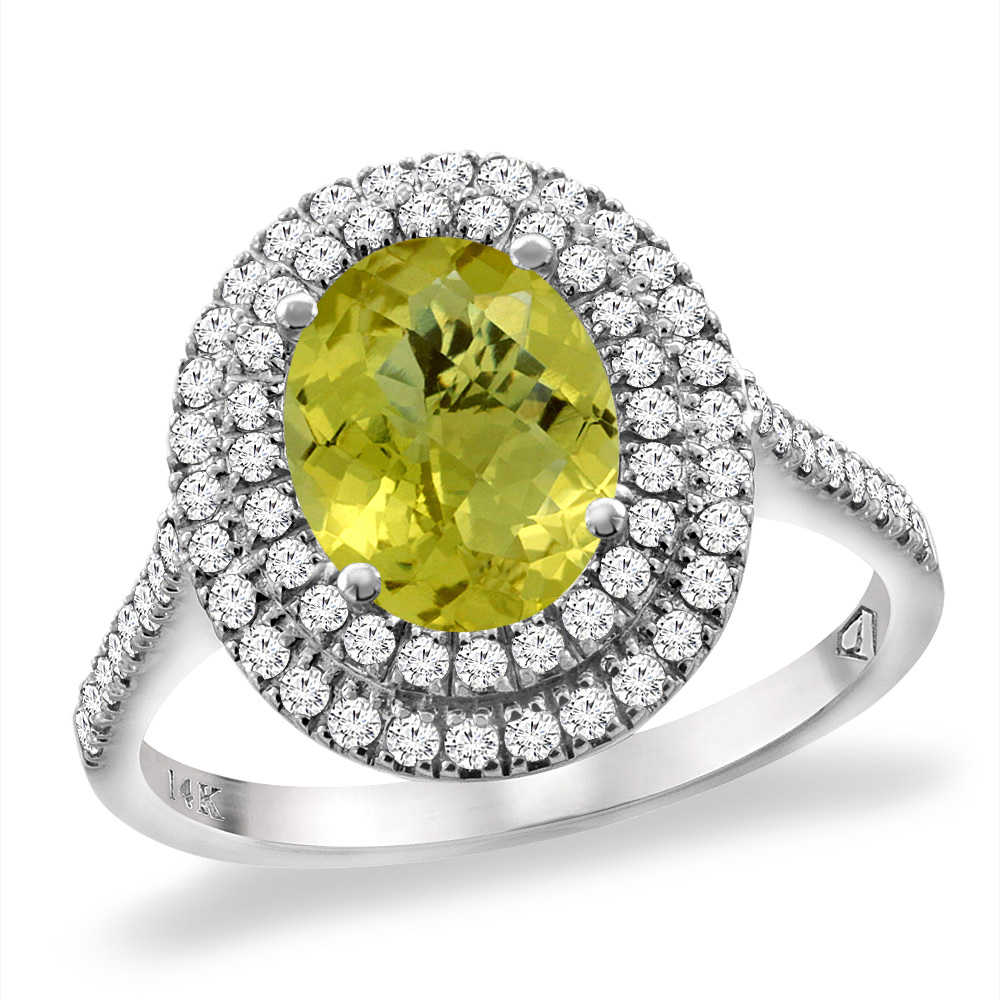 14K White Gold Natural Lemon Quartz Two Halo Diamond Engagement Ring 9x7 mm Oval, sizes 5 -10