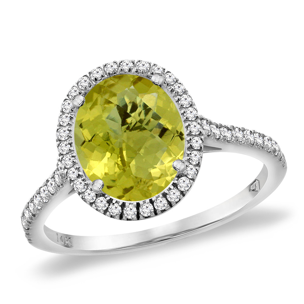 14K White Gold Natural Lemon Quartz Diamond Halo Engagement Ring 10x8 mm Oval, sizes 5 -10