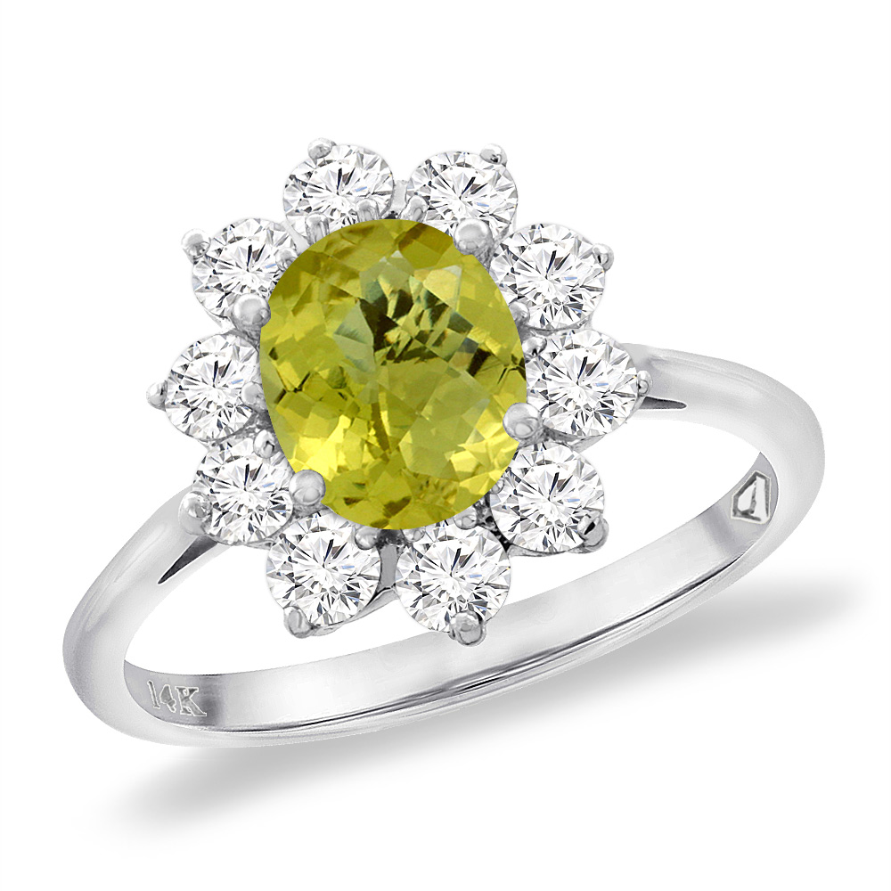 14K White Gold Diamond Natural Lemon Quartz Engagement Ring Oval 8x6 mm, sizes 5 -10