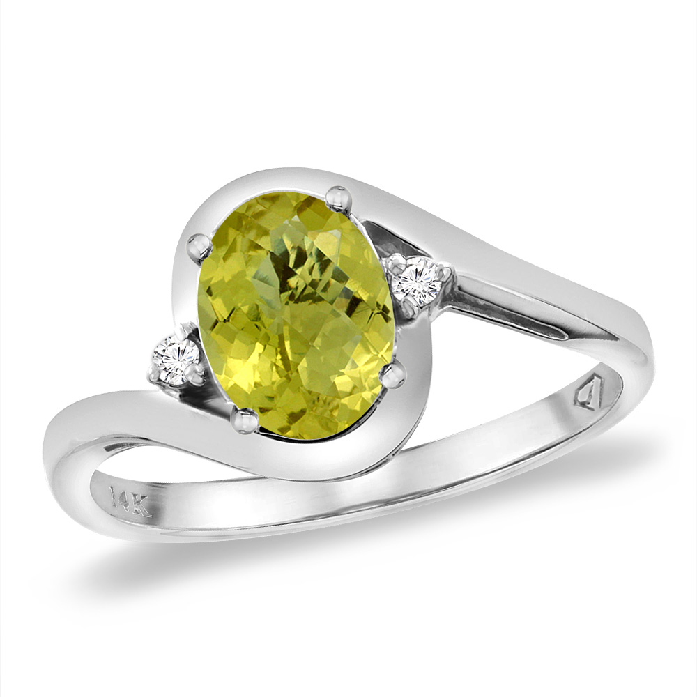 14K White Gold Diamond Natural Lemon Quartz Bypass Engagement Ring Oval 8x6 mm, sizes 5 -10