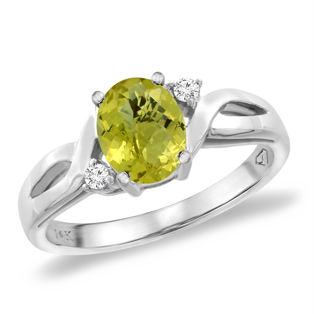 14K White Gold Diamond Natural Lemon Quartz Engagement Ring Oval 8x6 mm, sizes 5 -10