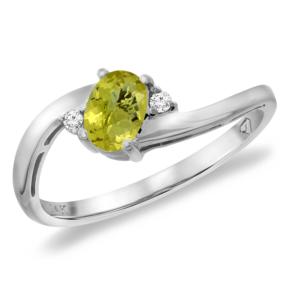 14K White Gold Diamond Natural Lemon Quartz Bypass Engagement Ring Oval 6x4 mm, sizes 5 -10