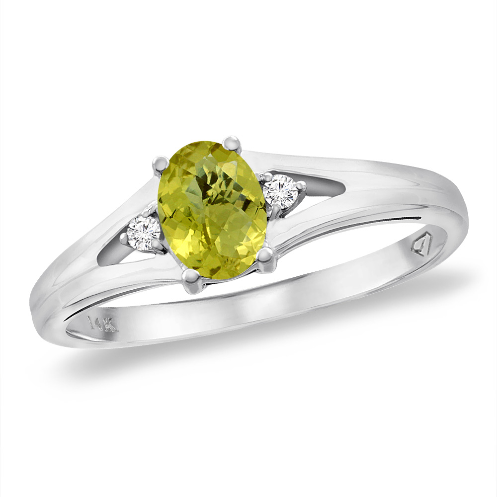 14K White Gold Diamond Natural Lemon Quartz Engagement Ring Oval 6x4 mm, sizes 5 -10