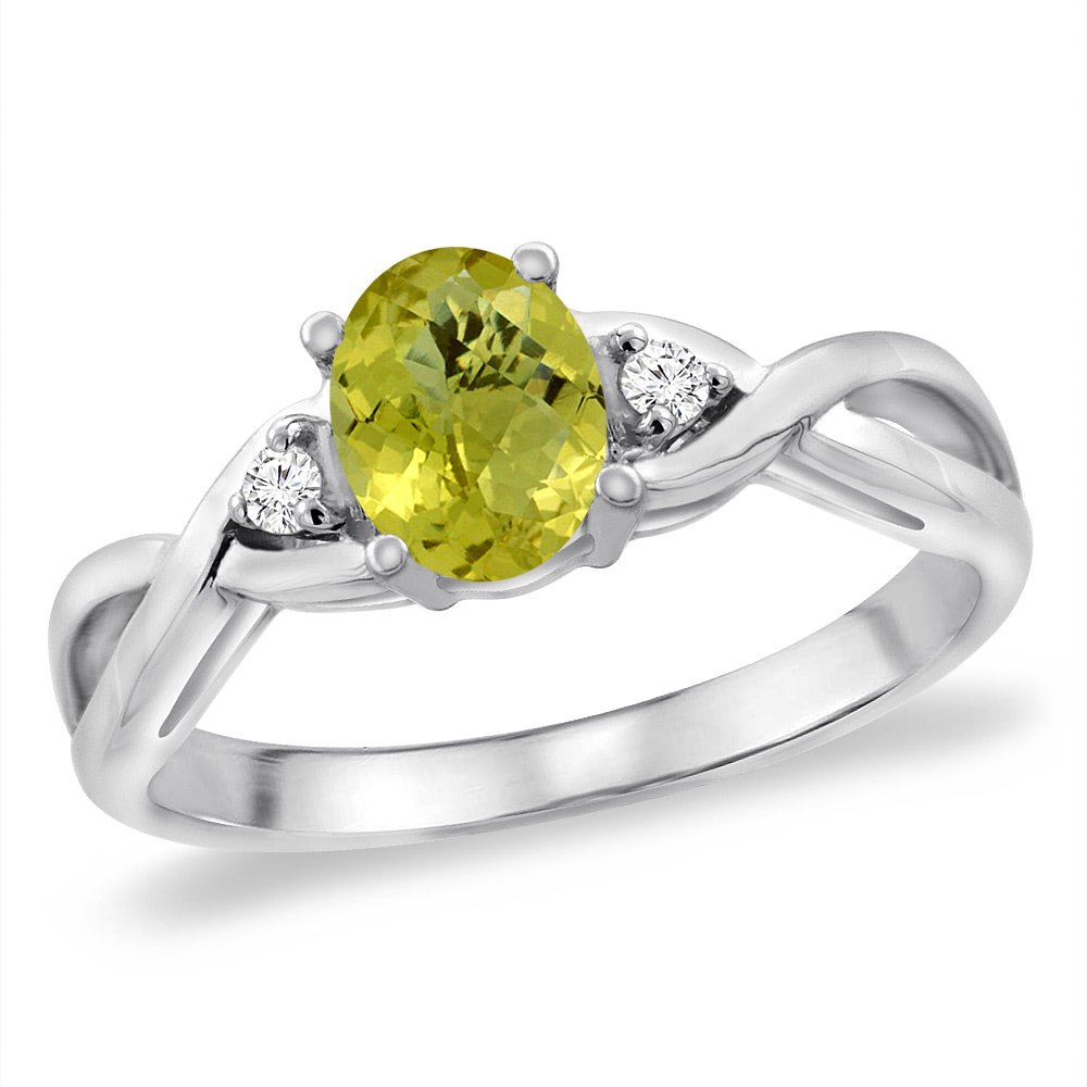 14K White Gold Diamond Natural Lemon Quartz Infinity Engagement Ring Oval 7x5 mm, sizes 5 -10