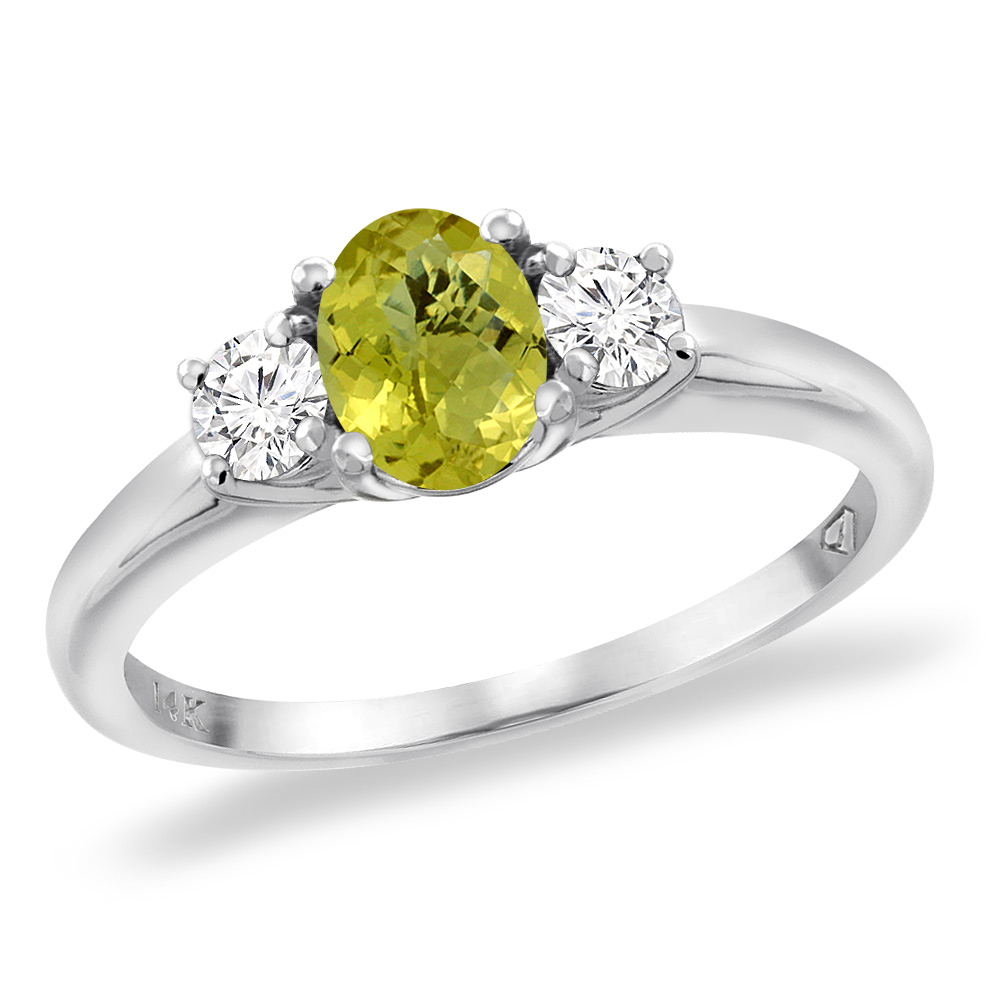 14K White Gold Natural Lemon Quartz Engagement Ring Diamond Accents Oval 7x5 mm, sizes 5 -10