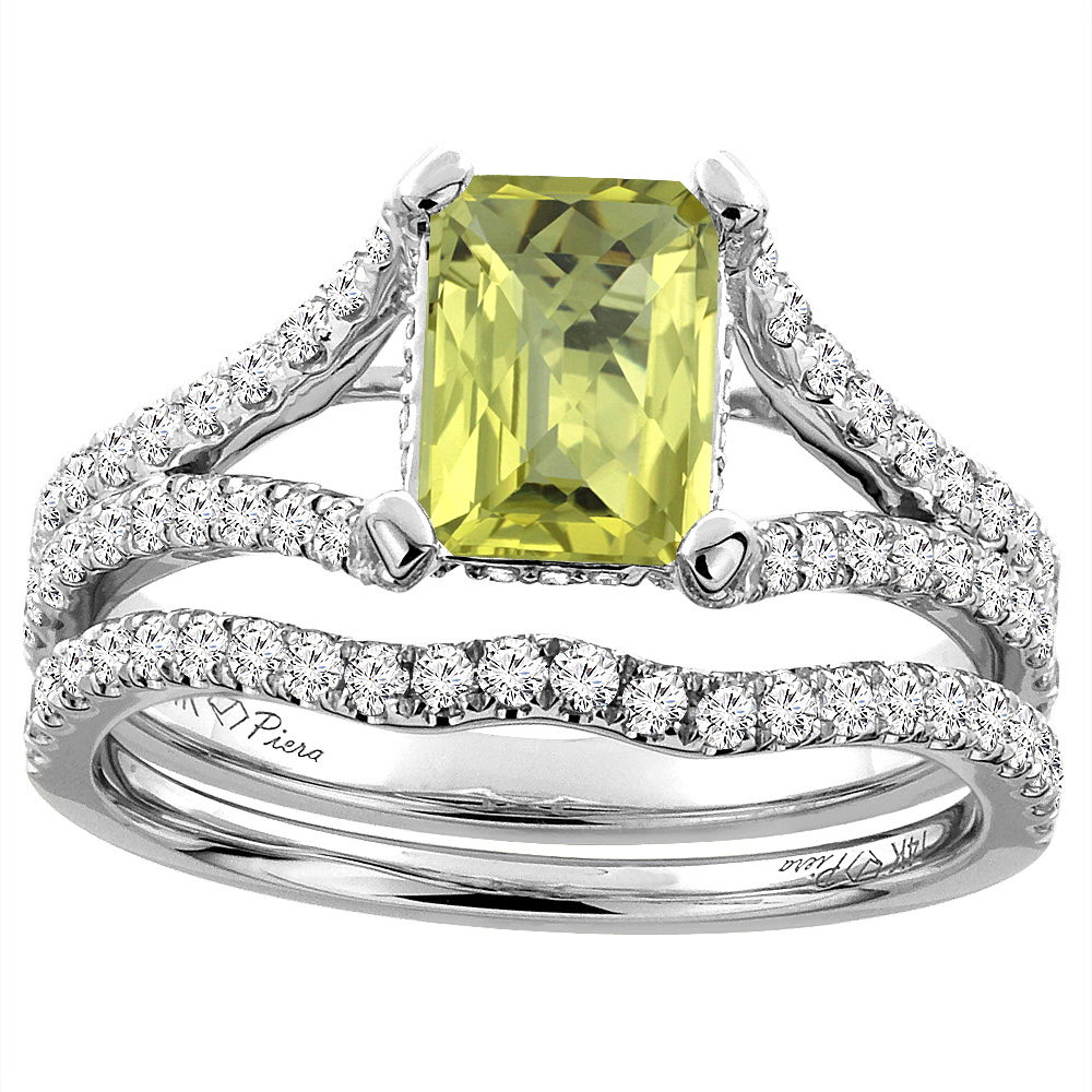 14K White Gold Natural Lemon Quartz Engagement Ring Set Emerald 8x6 mm, sizes 5-10