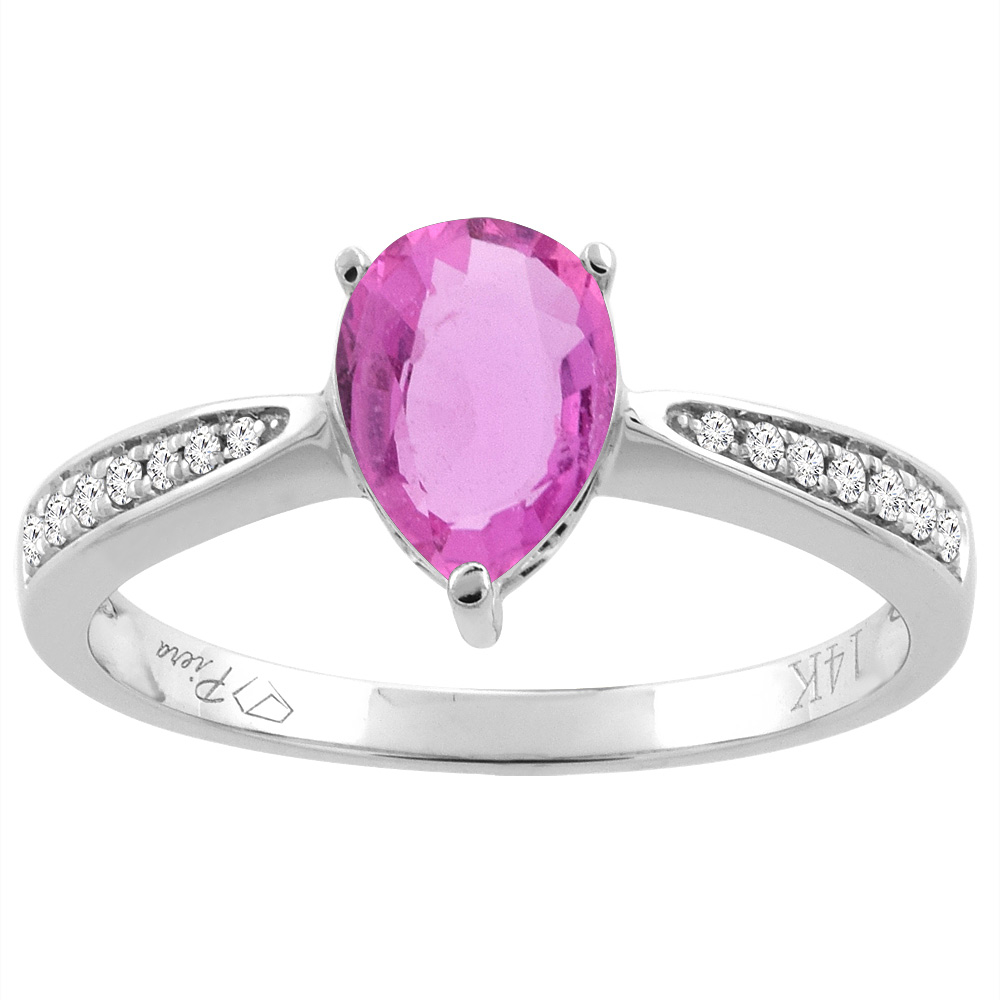 14K Gold Natural Pink Sapphire Ring Pear Shape 8x6 mm Diamond Accents, sizes 5 - 10