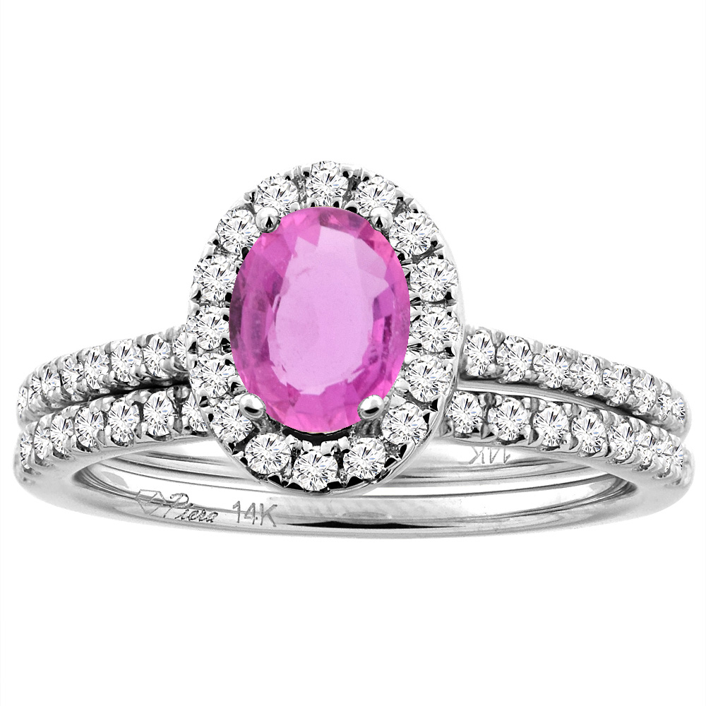 14K White/Yellow Gold Diamond Halo Natural Pink Sapphire 2pc Engagement Ring Set Oval 7x5 mm, sizes 5-10