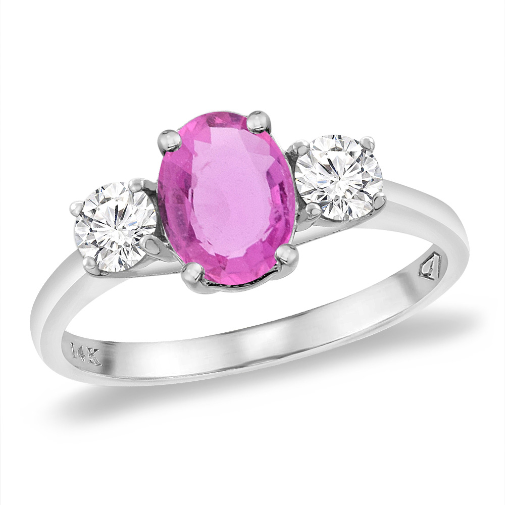 14K White Gold Natural Pink Sapphire &amp; 2pc. Diamond Engagement Ring Oval 8x6 mm, sizes 5 -10