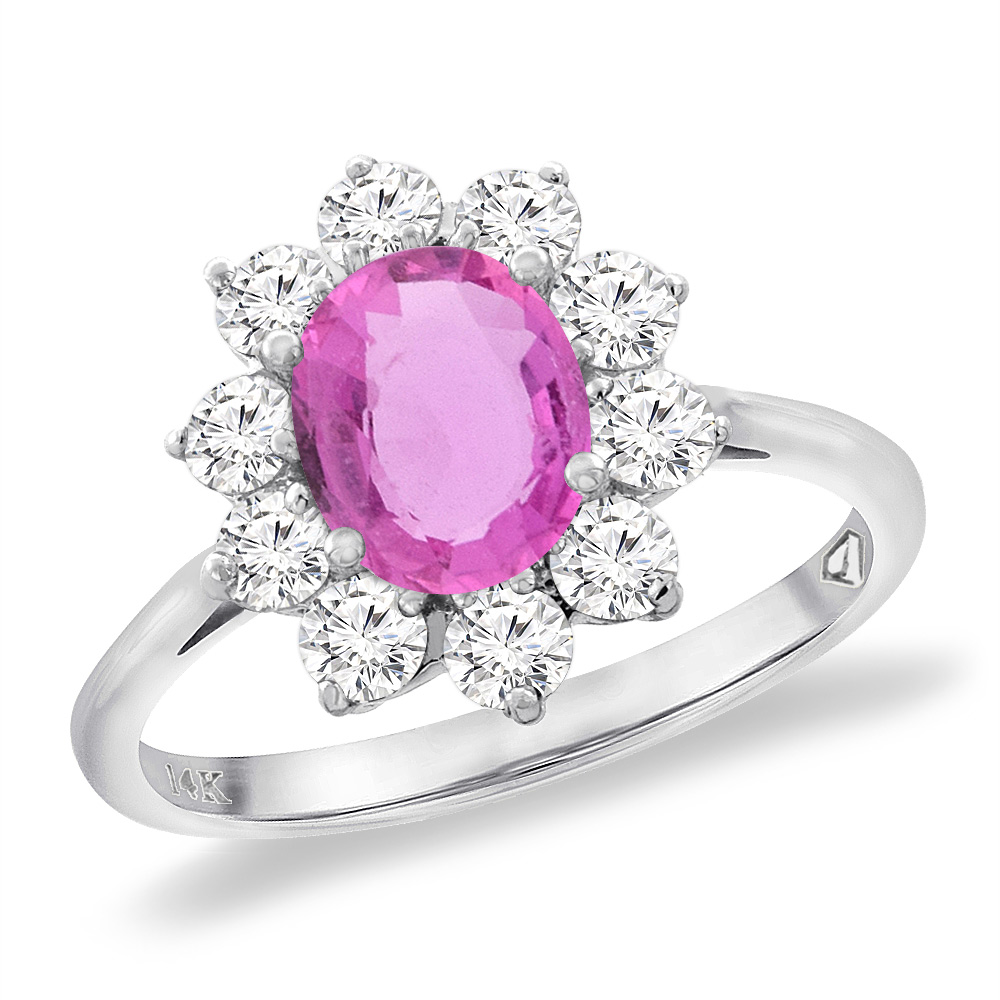 14K White Gold Diamond Natural Pink Sapphire Engagement Ring Oval 8x6 mm, sizes 5 -10