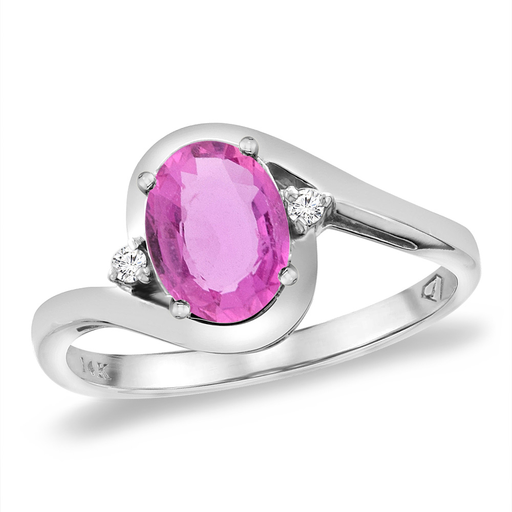 14K White Gold Diamond Natural Pink Sapphire Bypass Engagement Ring Oval 8x6 mm, sizes 5 -10