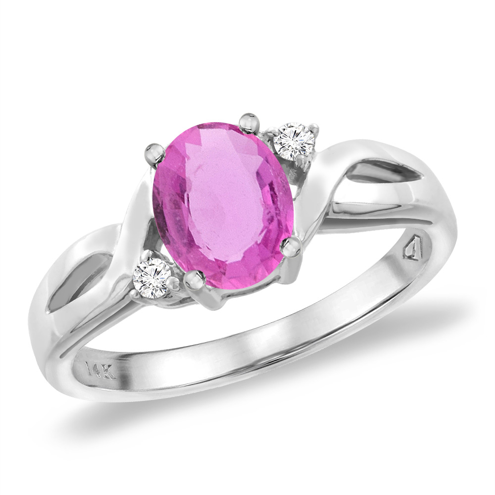 14K White Gold Diamond Natural Pink Sapphire Engagement Ring Oval 8x6 mm, sizes 5 -10