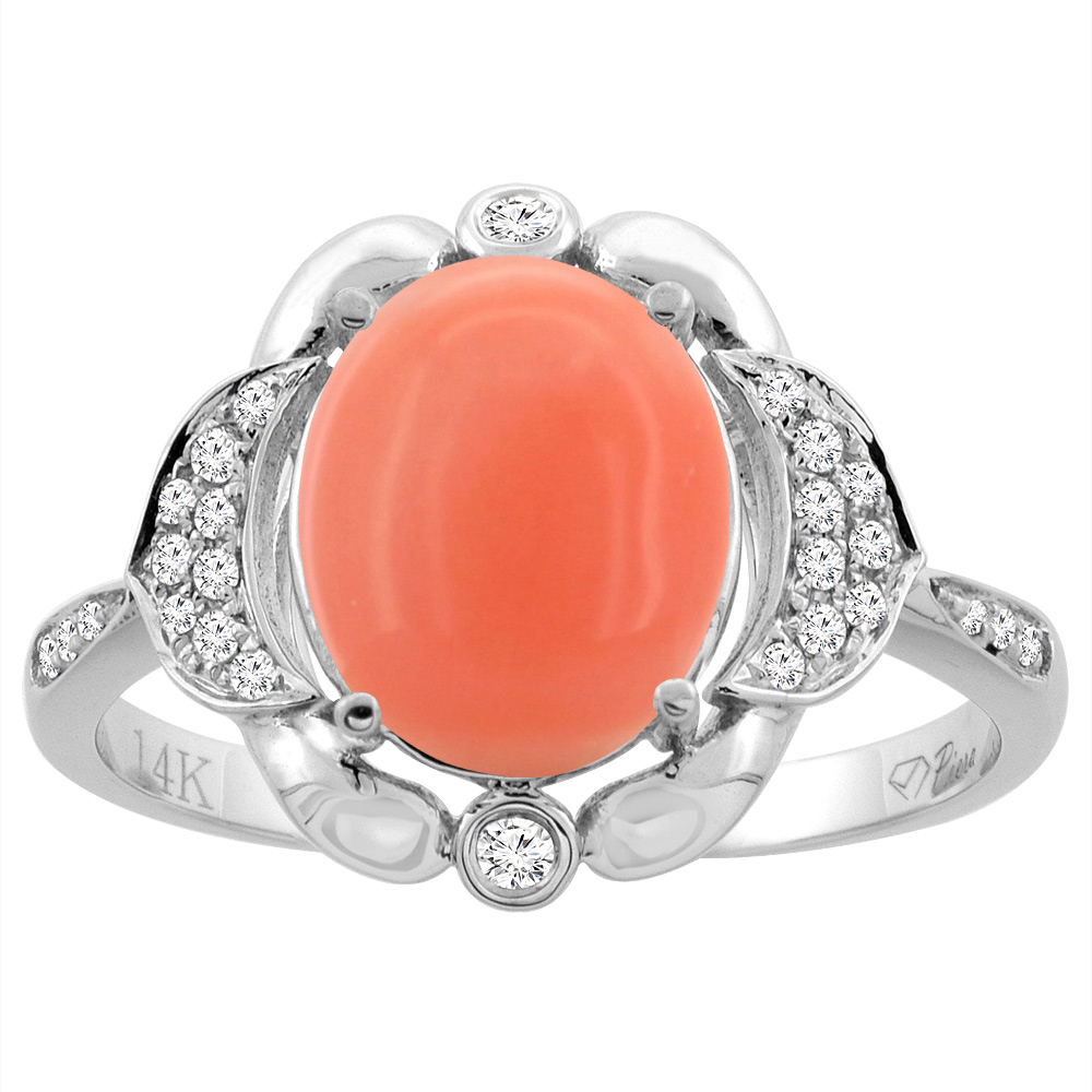 14K White Gold Diamond Natural Coral Engagement Ring Oval 10x8mm, sizes 5-10