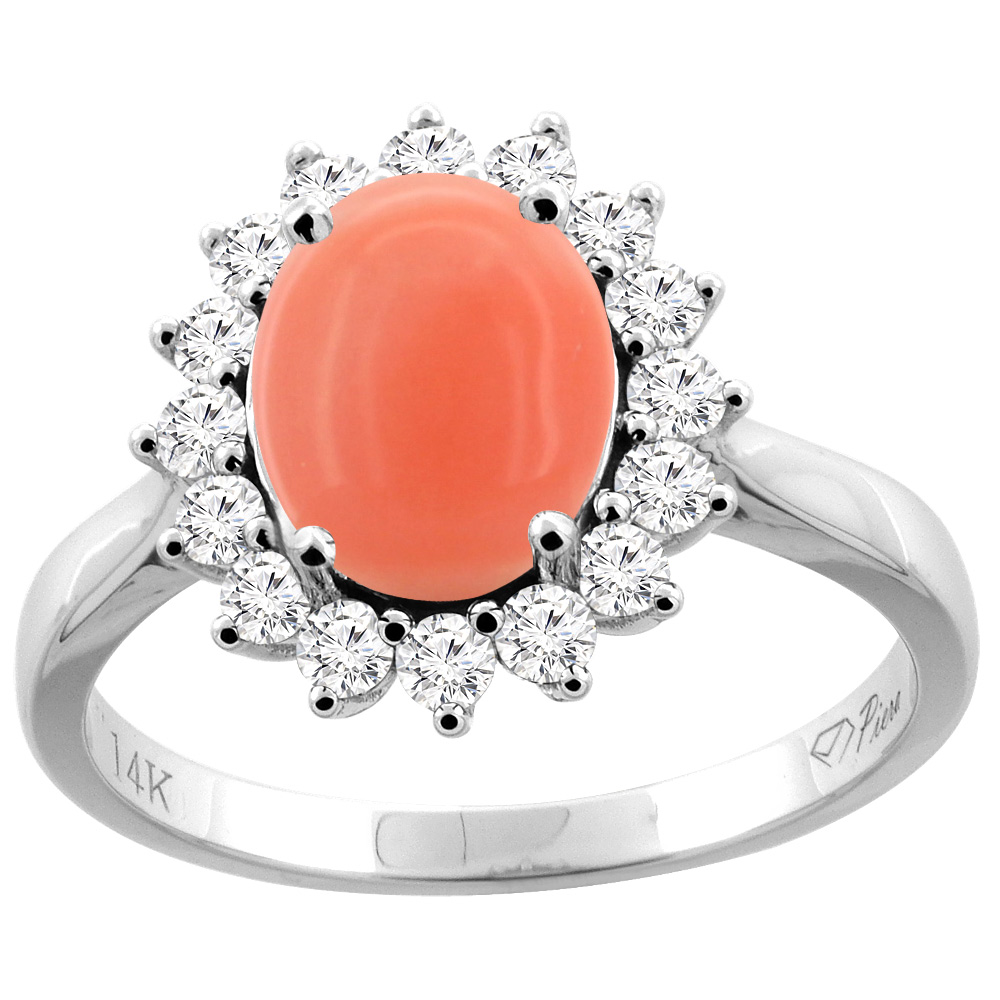 14K Gold Natural Coral Ring Oval 9x7 mm Diamond Accents, sizes 5 - 10