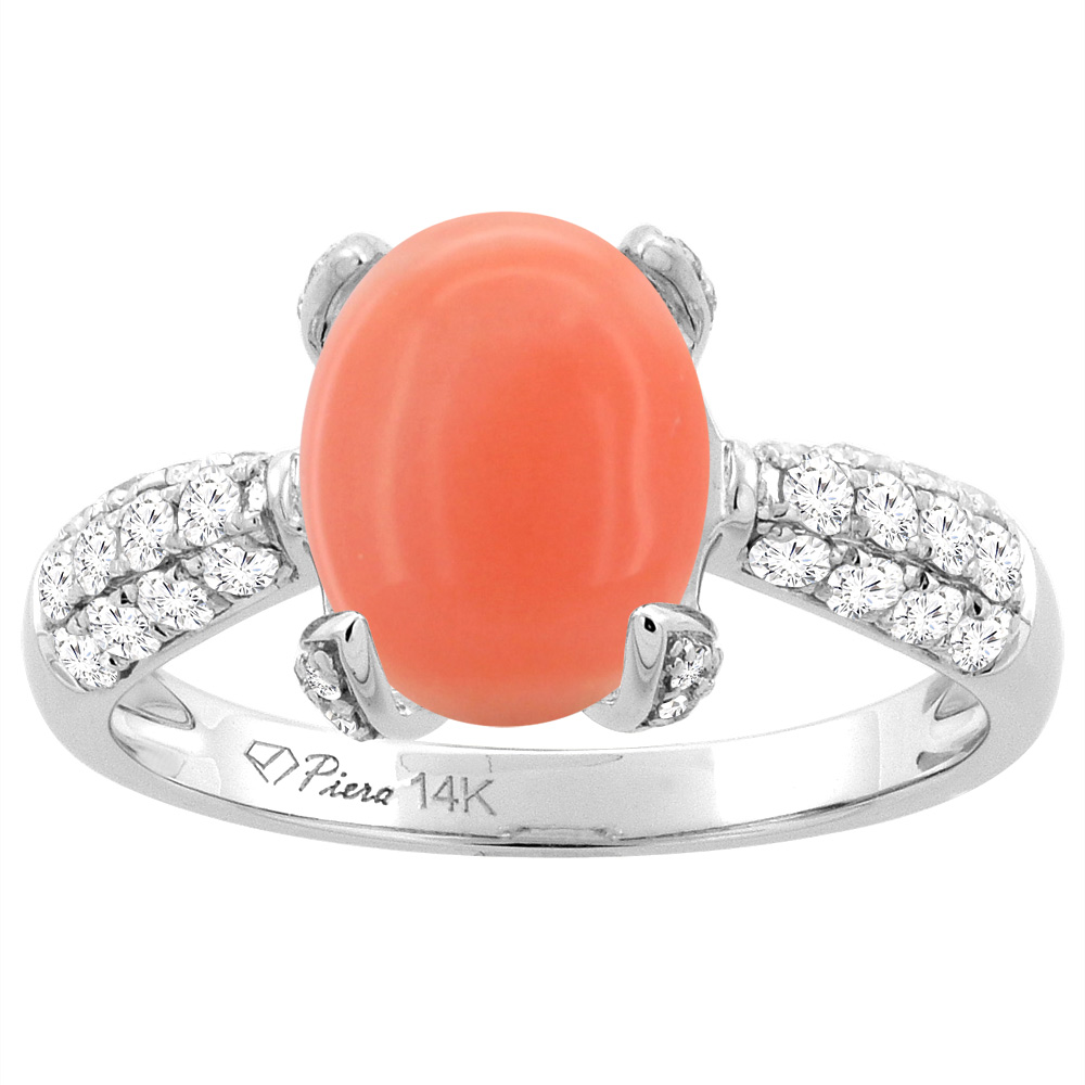 14K White Gold Natural Coral Engagement Ring Oval 10x8 mm & Diamond Accents, sizes 5 - 10