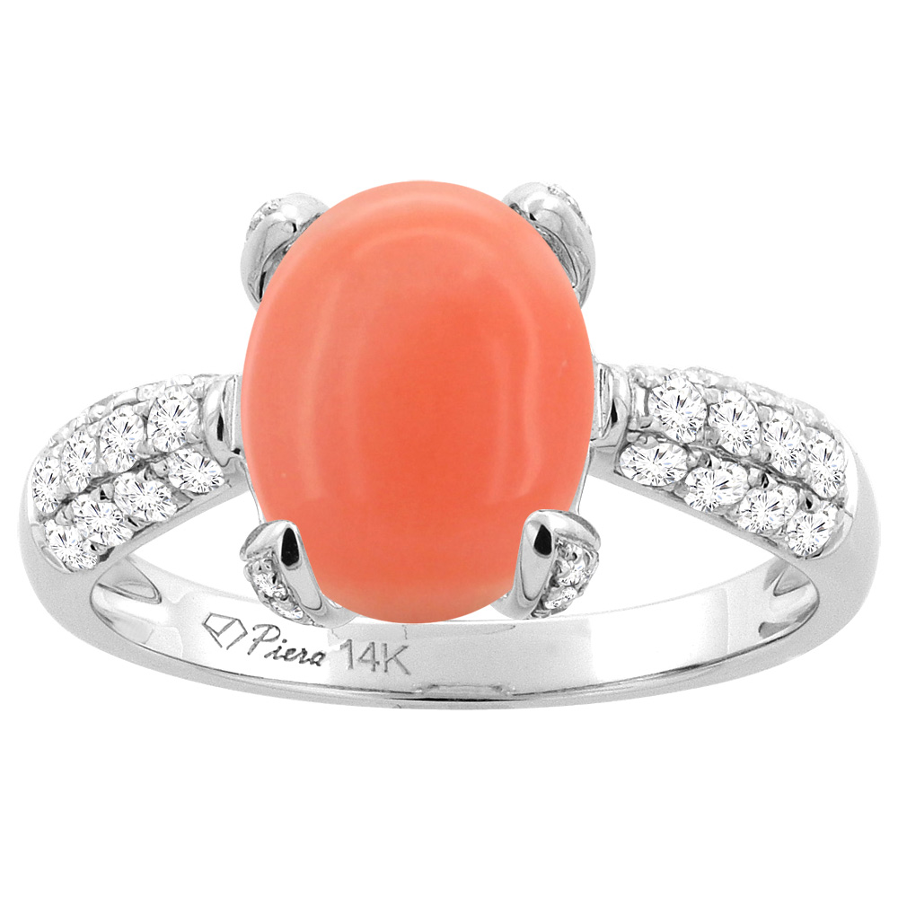14K White Gold Natural Coral Engagement Ring Oval 11x9 mm &amp; Diamond Accents, sizes 5 - 10