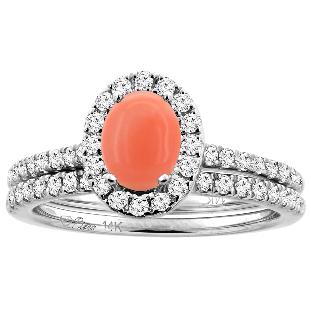 14K White/Yellow Gold Diamond Halo Natural Coral 2pc Engagement Ring Set Oval 7x5 mm, sizes 5-10