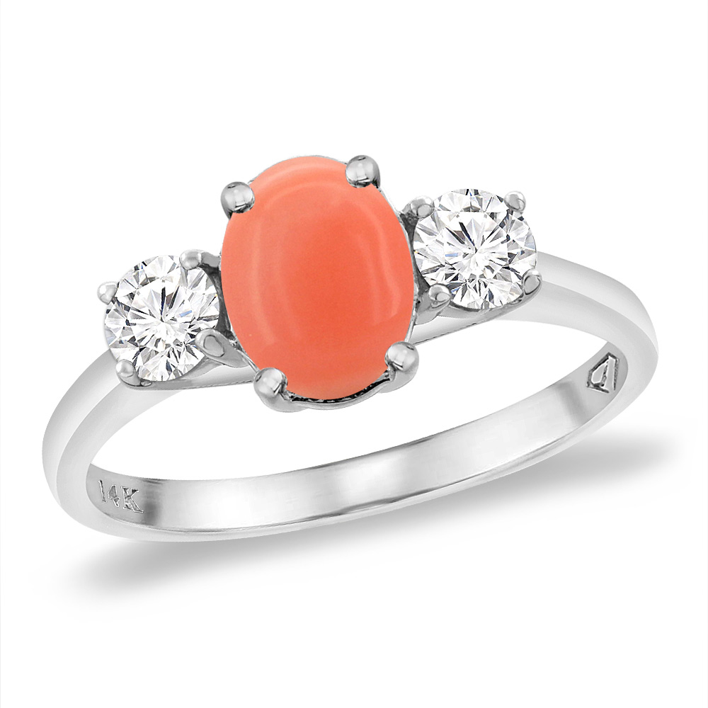 14K White Gold Natural Coral & 2pc. Diamond Engagement Ring Oval 8x6 mm, sizes 5 -10