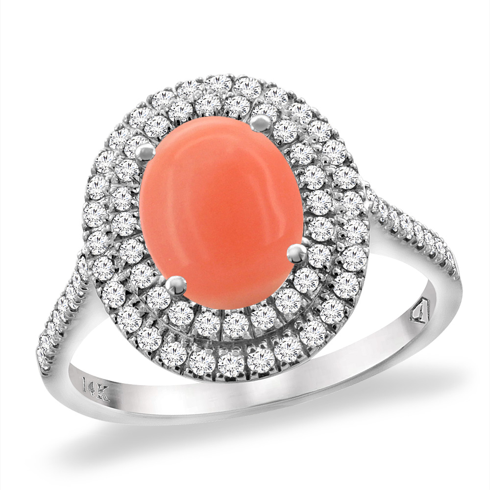 14K White Gold Natural Coral Two Halo Diamond Engagement Ring 9x7 mm Oval, sizes 5 -10
