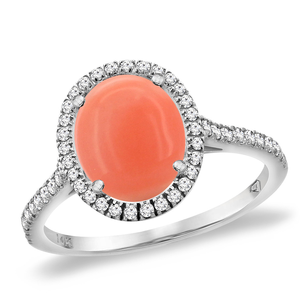 14K White Gold Natural Coral Diamond Halo Engagement Ring 10x8 mm Oval, sizes 5 -10
