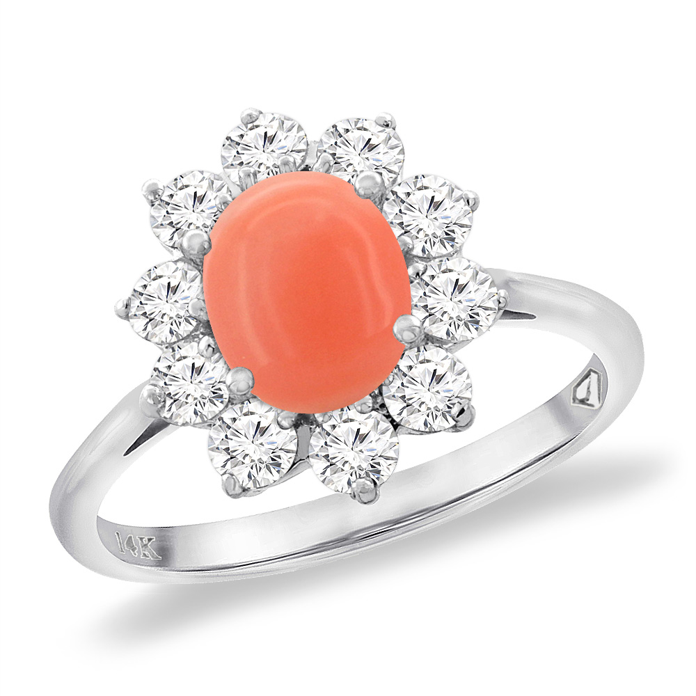 14K White Gold Diamond Natural Coral Engagement Ring Oval 8x6 mm, sizes 5 -10