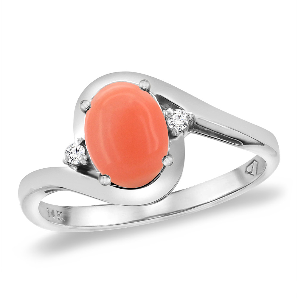 14K White Gold Diamond Natural Coral Bypass Engagement Ring Oval 8x6 mm, sizes 5 -10