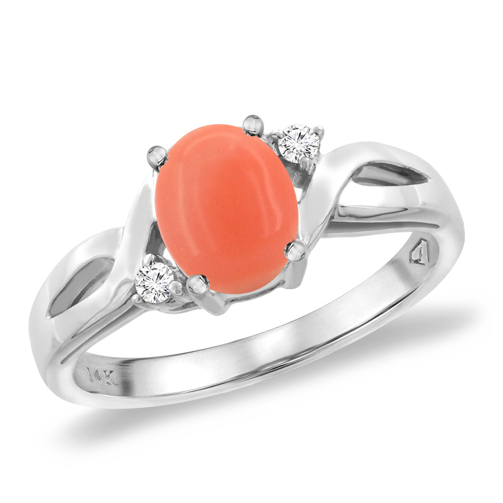 14K White Gold Diamond Natural Coral Engagement Ring Oval 8x6 mm, sizes 5 -10
