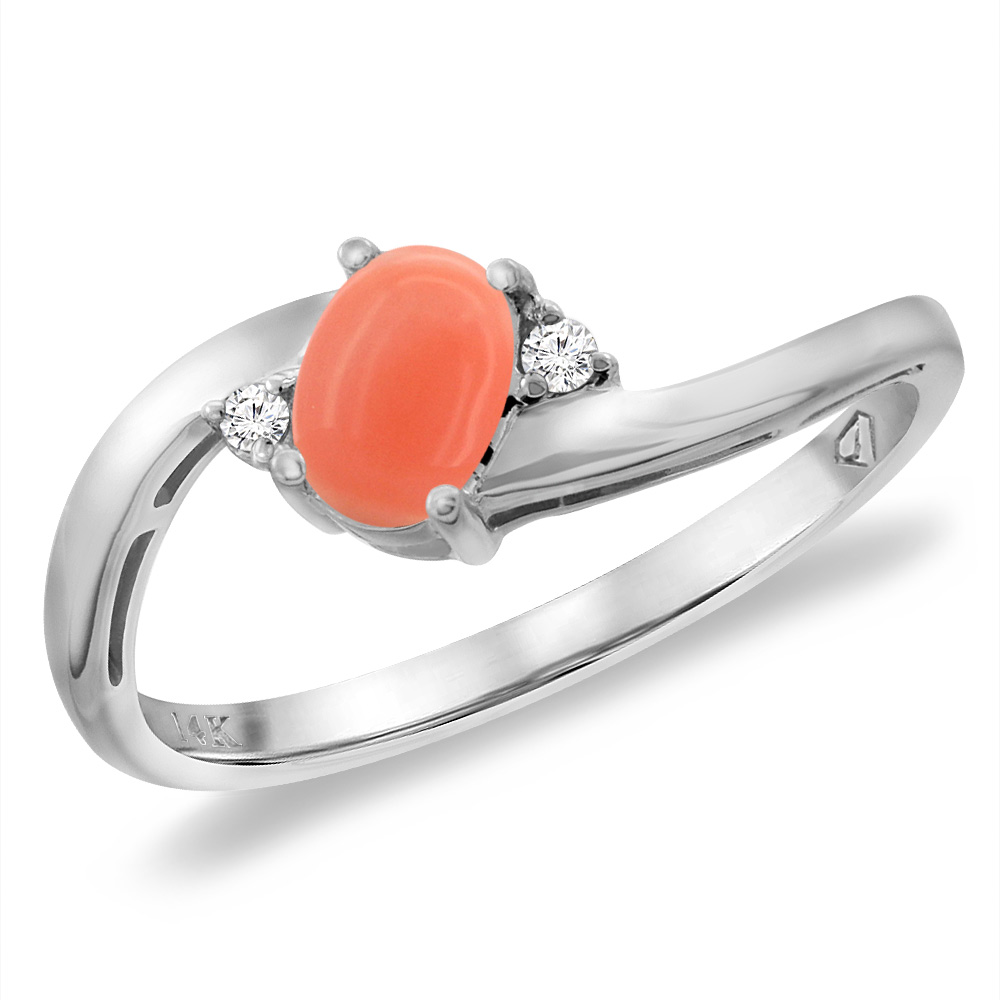 14K White Gold Diamond Natural Coral Bypass Engagement Ring Oval 6x4 mm, sizes 5 -10