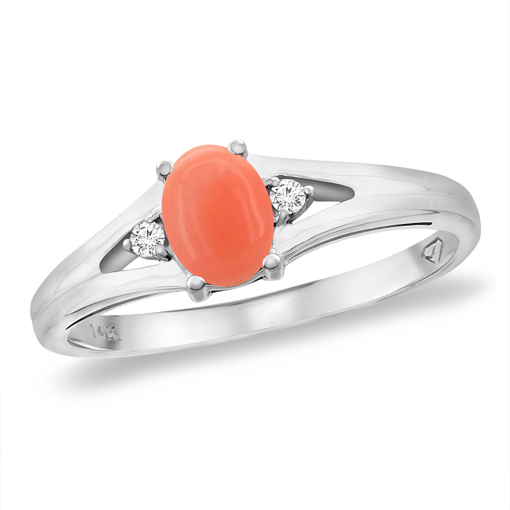 14K White Gold Diamond Natural Coral Engagement Ring Oval 6x4 mm, sizes 5 -10