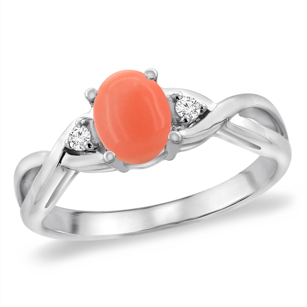 14K White Gold Diamond Natural Coral Infinity Engagement Ring Oval 7x5 mm, sizes 5 -10