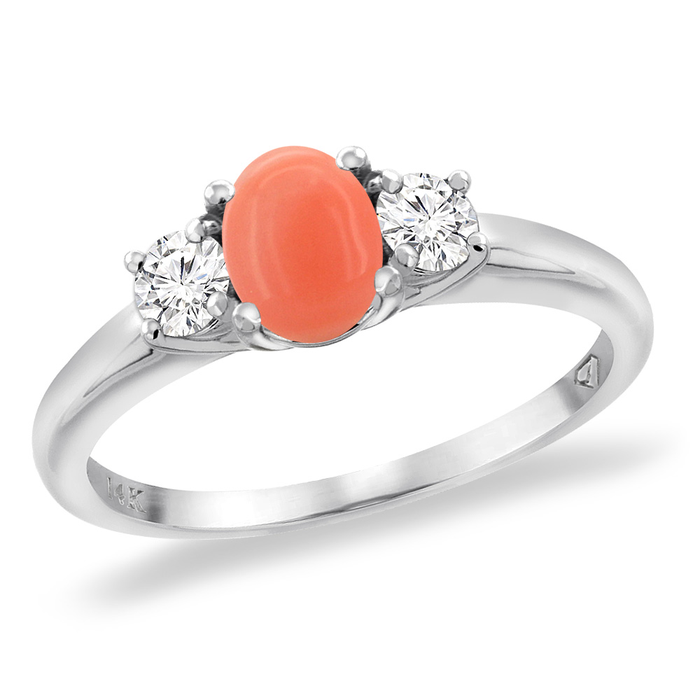 14K White Gold Natural Coral Engagement Ring Diamond Accents Oval 7x5 mm, sizes 5 -10