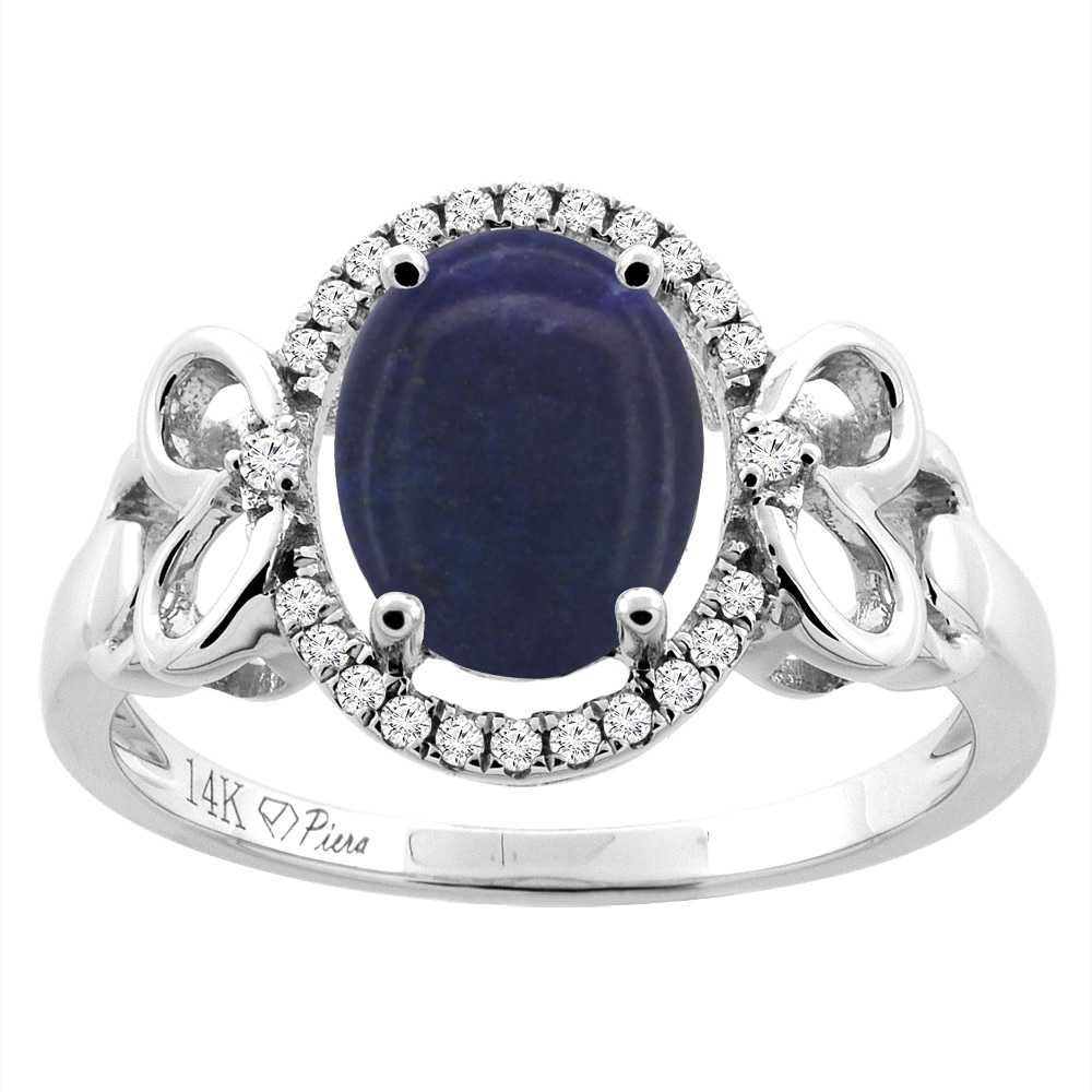 14K Gold Natural Lapis Halo Ring Oval 9x7 mm Diamond & Heart Accents, sizes 5 - 10